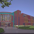 Modern School Building With Red Brick Walls Colorful Stripes Large Windows And Greenery