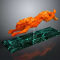 Artistic Dynamic Orange Wooden Leopard Sculpture On Green Marble Base