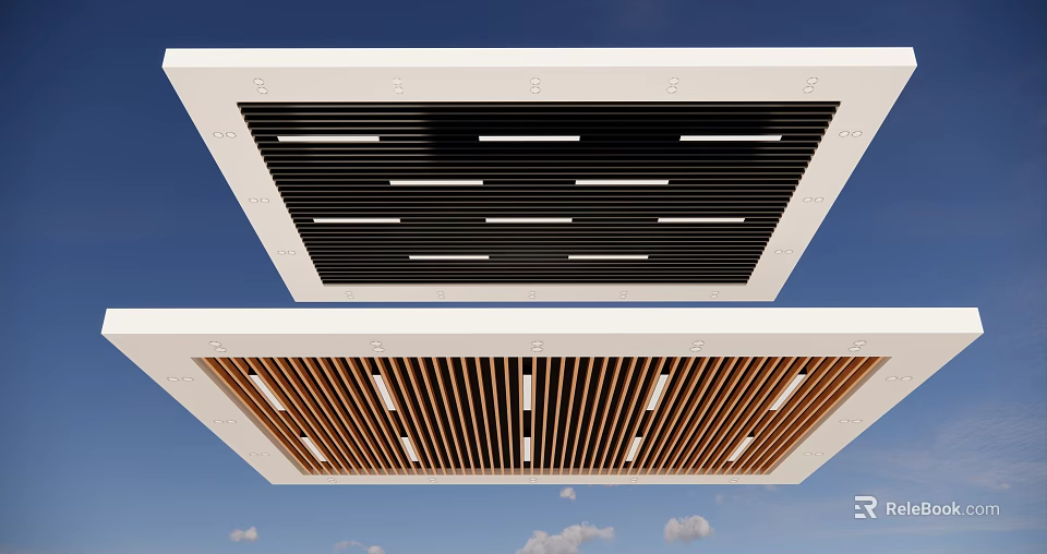 Modern Home Ceiling Design With Wooden Slats And Black Panel Decorative Structures 3d model 