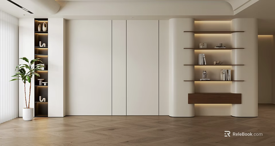 Modern Minimalist Sofa Background Wall With White Surface Wooden Bookshelves Light Strips Books And Decorations 3d model 