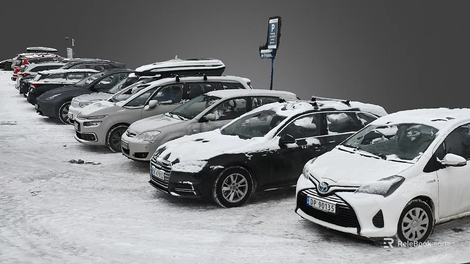 Multiple Cars Parked In Snow Covered Parking Lot During Winter 3d model 