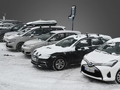 Multiple Cars Parked In Snow Covered Parking Lot During Winter 3d model