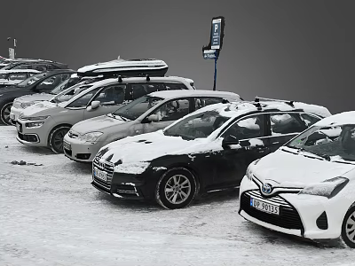 Multiple Cars Parked In Snow Covered Parking Lot During Winter 3d model