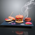 Delicious Juicy Burger with Smoke on Black Tray Sliced Onions and Sausage Slices