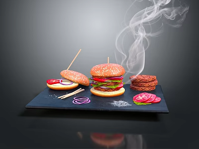 Delicious Juicy Burger with Smoke on Black Tray Sliced Onions and Sausage Slices 3d model