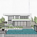 Modern Detached Villa With Garage Parked Cars Palm Trees And Greenery