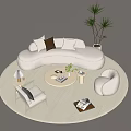 Modern Curved Sofa and Coffee Table Set with Throw Pillows Round Table Armchair and Plant
