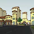 Vibrant Commercial Street Featuring Arcades Shop Facades Pedestrians Stone Decorations And Greenery