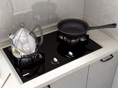 Modern Kitchen Interior With Black Gas Stove Frying Pan Kettle And Light Countertop 3d model