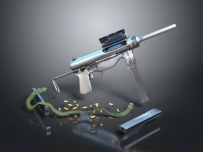 Silver Submachine Gun With Mounted Scope Scattered Bullets Magazine And Green Ammunition Belt 3d model