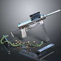 Silver Submachine Gun With Mounted Scope Scattered Bullets Magazine And Green Ammunition Belt