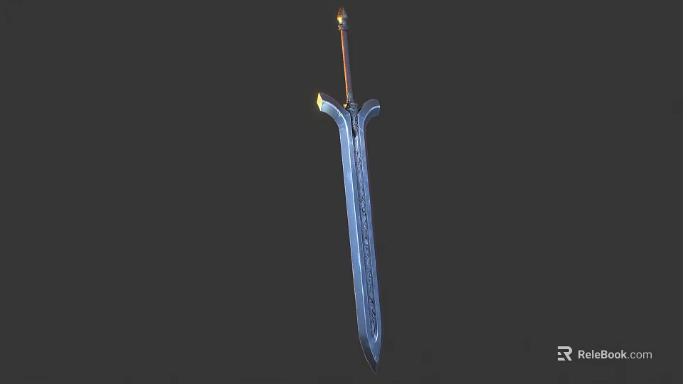 Medieval Style Metallic Sword With Engraved Blade Brown Hilt And Golden Pommel 3d model 