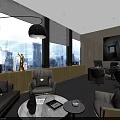Modern Office Interior Design Featuring Open Layout Large Windows City View Sofa And Pendant Light 3d model