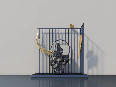 Artistic Stone Carving Sculpture With Metal Frame Circular Element And Golden Decorations 3d model