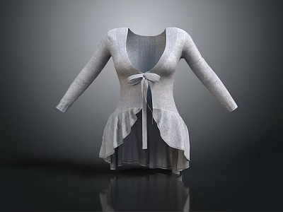 Gray Knitted Cardigan With Bow Detail Asymmetrical Ruffle Hem And Long Sleeves 3d model