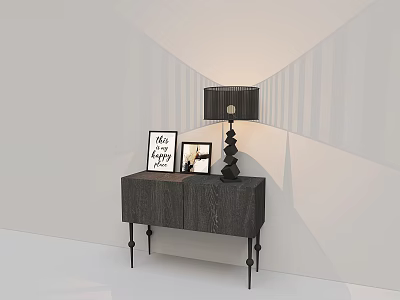 Modern Table Lamp On Dark Wooden Cabinet With Picture Frames And Geometric Wall 3d model