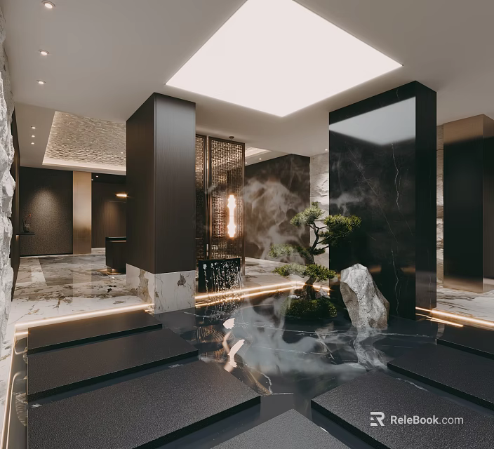 Modern Entryway Interior Design With Water Feature Pine Tree And Stone Decor 3d model