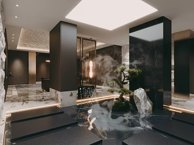 Modern Entryway Interior Design With Water Feature Pine Tree And Stone Decor 3d model