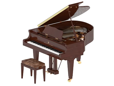 Classic Brown Wooden Grand Piano With Open Lid And Matching Stool Musical Instrument 3d model