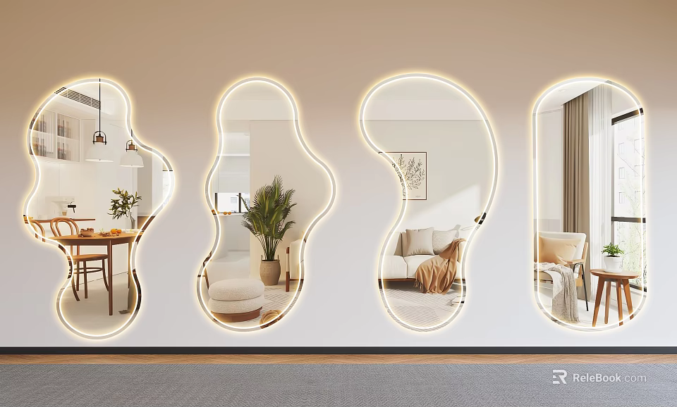 Modern Irregular Shaped Wall Mirrors with LED Light Edges Reflecting Living And Dining Room Scenes 3d model 