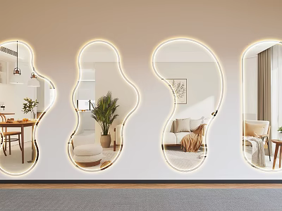 Modern Irregular Shaped Wall Mirrors with LED Light Edges Reflecting Living And Dining Room Scenes 3d model