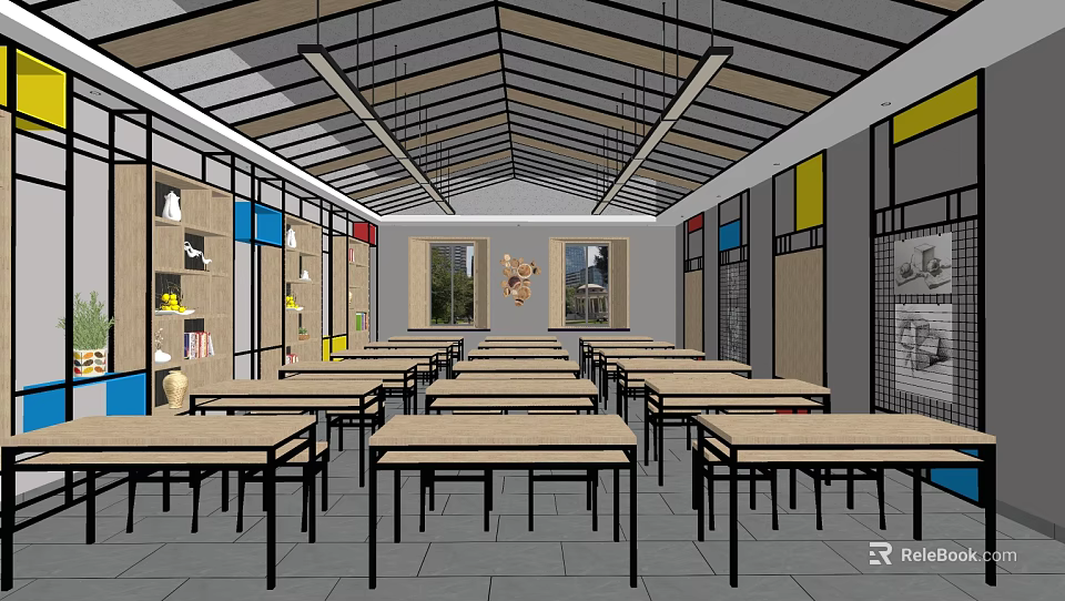 School Classroom With Neatly Arranged Tables Chairs Colorful Wall Decorations And Natural Light Through Windows 3d model 