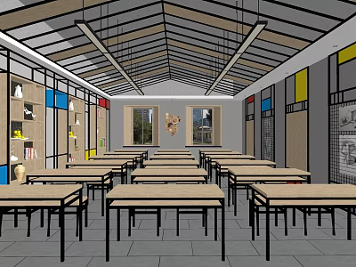 School Classroom With Neatly Arranged Tables Chairs Colorful Wall Decorations And Natural Light Through Windows 3d model