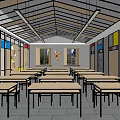 School Classroom With Neatly Arranged Tables Chairs Colorful Wall Decorations And Natural Light Through Windows