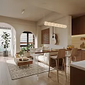 Modern Living and Dining Room Interior With Sofa Coffee Table Guitar Wooden Cabinets Hanging Lamp