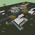 Scenic Modern Guesthouse Complex With Green Lawn Trees And Swimming Pool