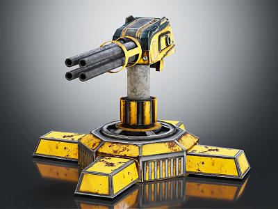 Multi Barrel Turret With Yellow Black Mechanical Design And Industrial Base Platform 3d model