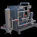 Industrial Equipment For Liquid Processing With Blue Storage Tank Metal Frame Pipes Valves And Pump
