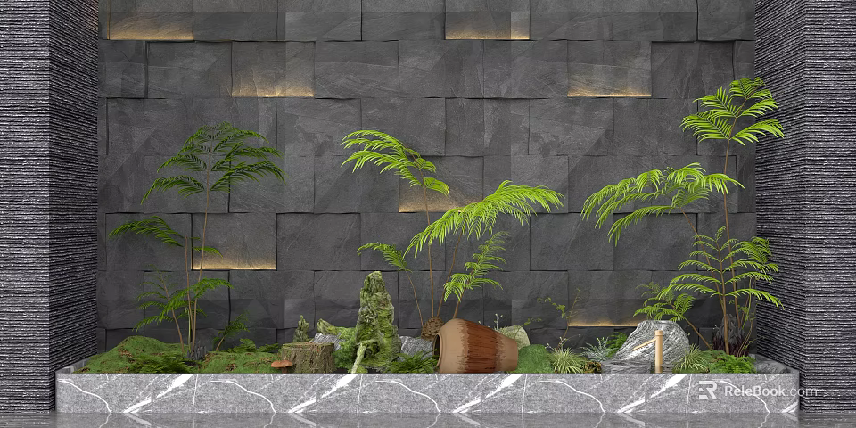 Indoor Landscape with Gray Stone Wall Lush Green Ferns Stones Wooden Pot and Soft Lighting 3d model 