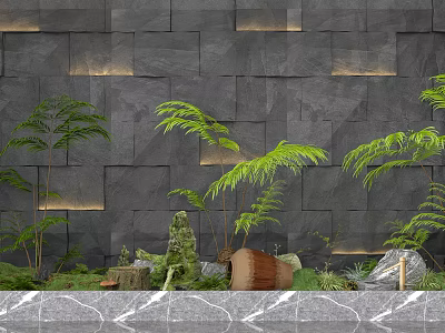 Indoor Landscape with Gray Stone Wall Lush Green Ferns Stones Wooden Pot and Soft Lighting 3d model