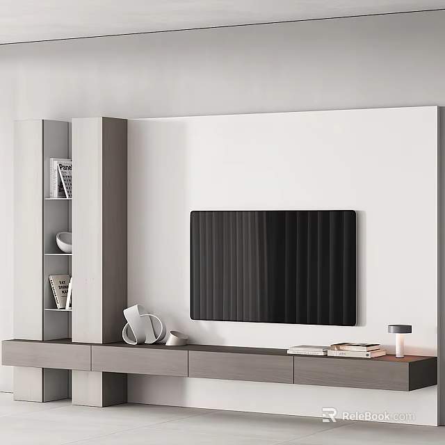 Modern TV Background Wall With Built in Shelves And Wooden Cabinet Decorative Items 3d model 
