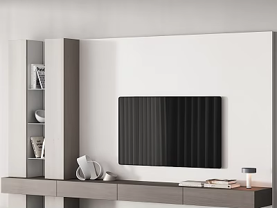 Modern TV Background Wall With Built in Shelves And Wooden Cabinet Decorative Items 3d model