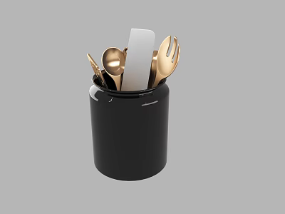 Black Kitchen Utensil Holder with Golden Spoon Fork and White Knife 3d model