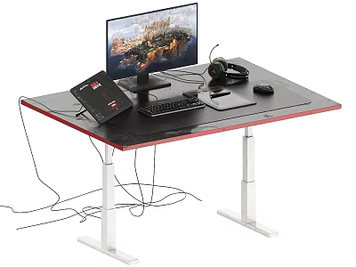 Height Adjustable Computer Desk With Monitor Laptop Keyboard Mouse Headphones Black Red Edge White Legs 3d model