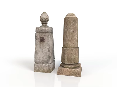 Two Decorative Stone Pillars With Ornate Tops And Classic Base Designs 3d model