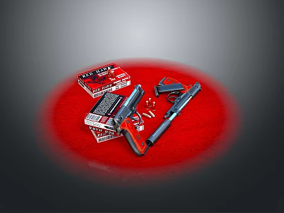Two Handguns Displayed With Ammunition Boxes And Bullets On Red Circular Surface 3d model
