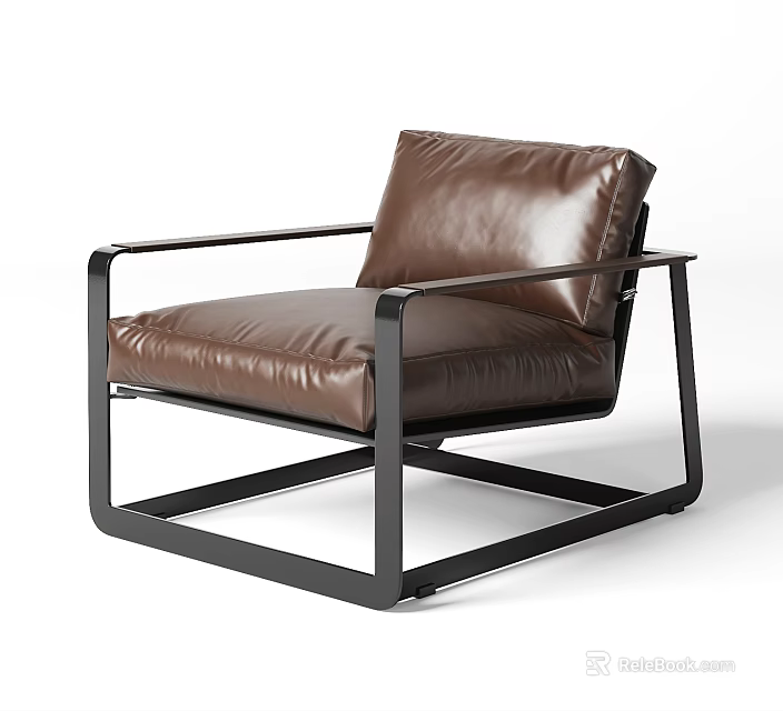 Modern Brown Leather Armchair With Black Metal Frame And Comfortable Design 3d model 