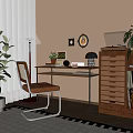 Quiet Desk and Chair Ancient Desk and Chair Combination Storage Cabinet Table Lamp Floor Lamp Hanging Picture Combination Ornaments Combination Floor Plant Carpet Dream Curtain 3d model