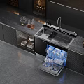 Modern Kitchen With Open Dishwasher Stainless Steel Sink And Dark Cabinets