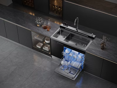 Modern Kitchen With Open Dishwasher Stainless Steel Sink And Dark Cabinets 3d model