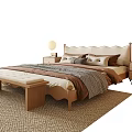 Double Bed with Upholstered Headboard Pendant Light Wooden Nightstand and Bench on Woven Rug