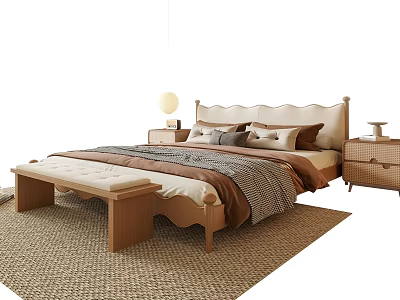 Double Bed with Upholstered Headboard Pendant Light Wooden Nightstand and Bench on Woven Rug 3d model