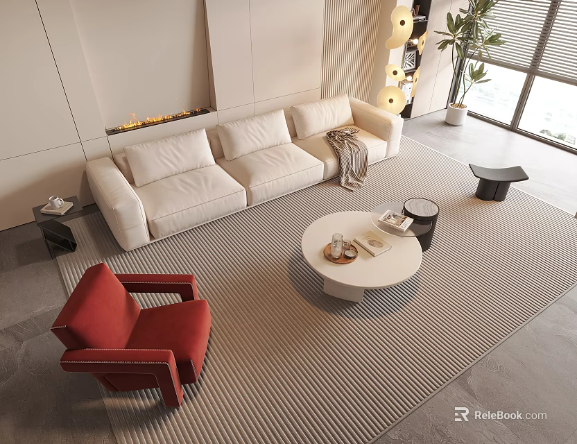 Modern Living Room Interior With White Sofa Round Coffee Table Red Armchair And Striped Rug 3d model 