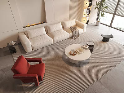 Modern Living Room Interior With White Sofa Round Coffee Table Red Armchair And Striped Rug 3d model
