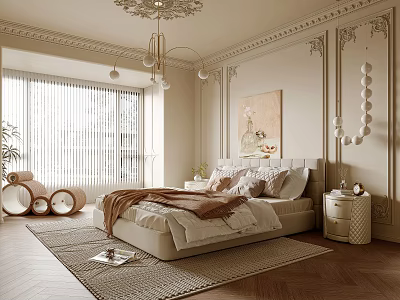 Elegant Bedroom Interior Design With Chandelier Beige Walls Moldings Soft Bedding And Wooden Floor Rug 3d model