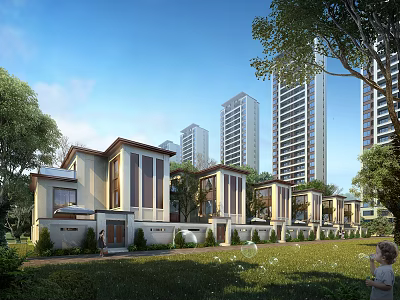 Row of Modern Townhouses Exterior Design With Green Lawn And Trees Near High-Rise Buildings 3d model
